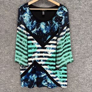 Style&co. Blouse Women L Large Blue Striped 3/4 Sleeve Round Neck Pullover